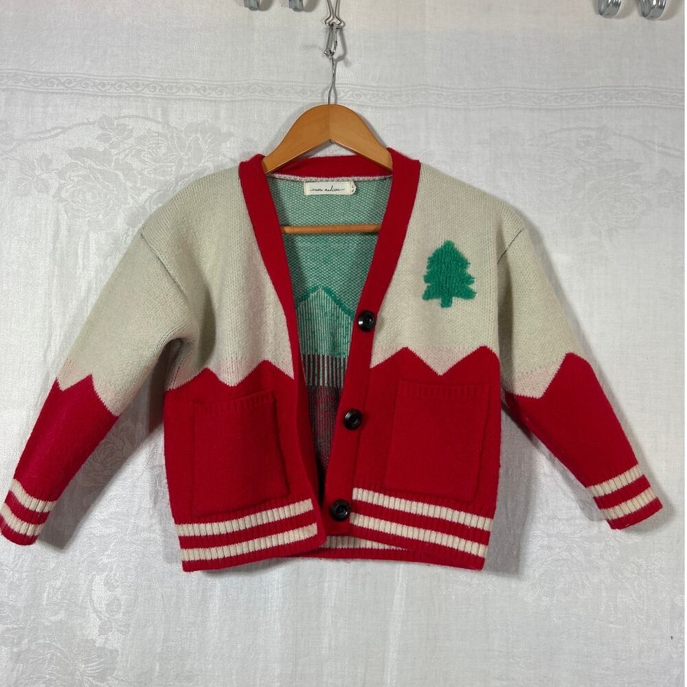 Nora Madison Cardigan Sweater 6 7Y Cream Red Green Christmas Tree Winter Varsity